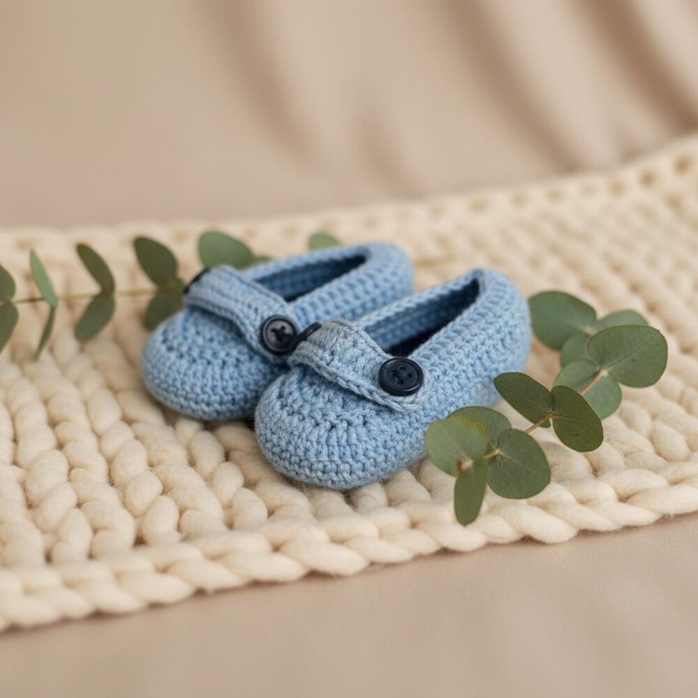 Vintage Crocheted Newborn Baby Shoes-Blue Handmade Infant Booties-Keepsake-Gift